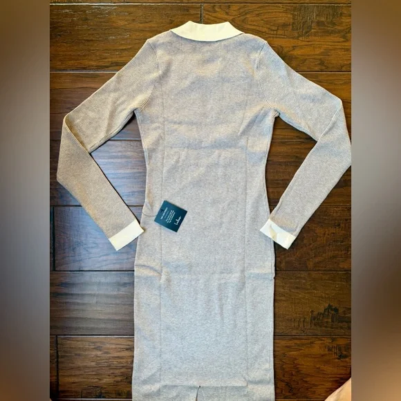 Lulus Taupe Block Midi Sweater Dress Ribbed Knit Collared Midi size L - Picture 9 of 12